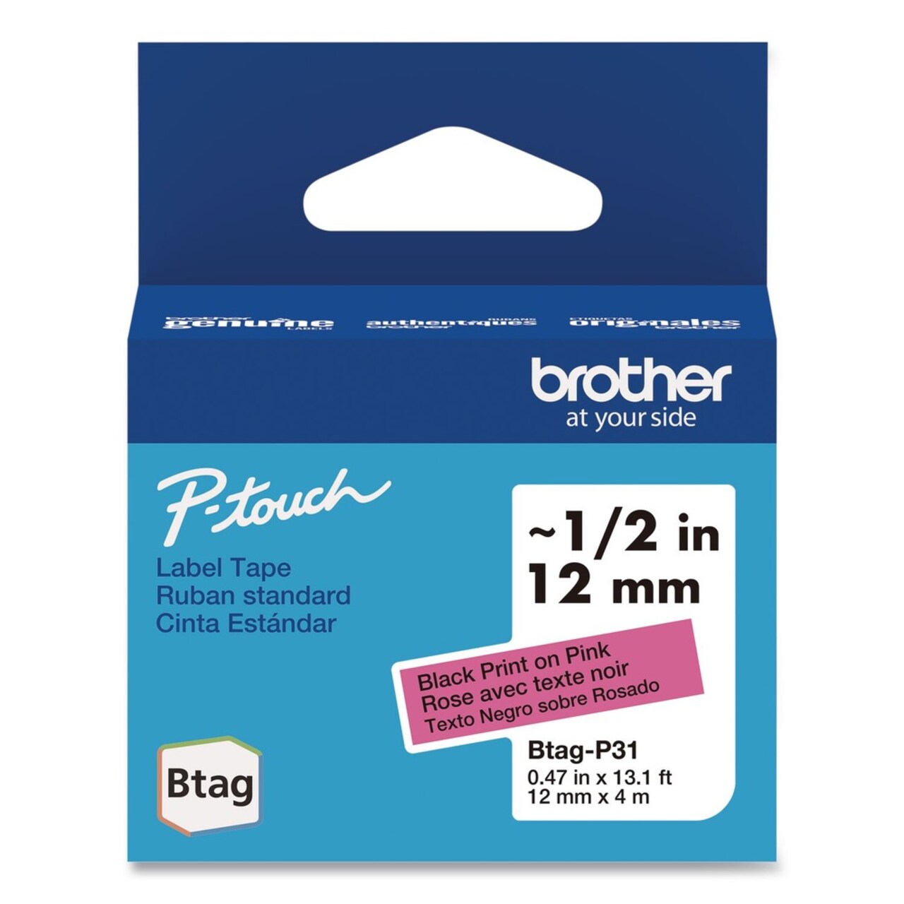 Brother P-Touch 0.47 in. x 13.1 ft. Genuine P-Touch BTAG Label Tapes - Black on Pink